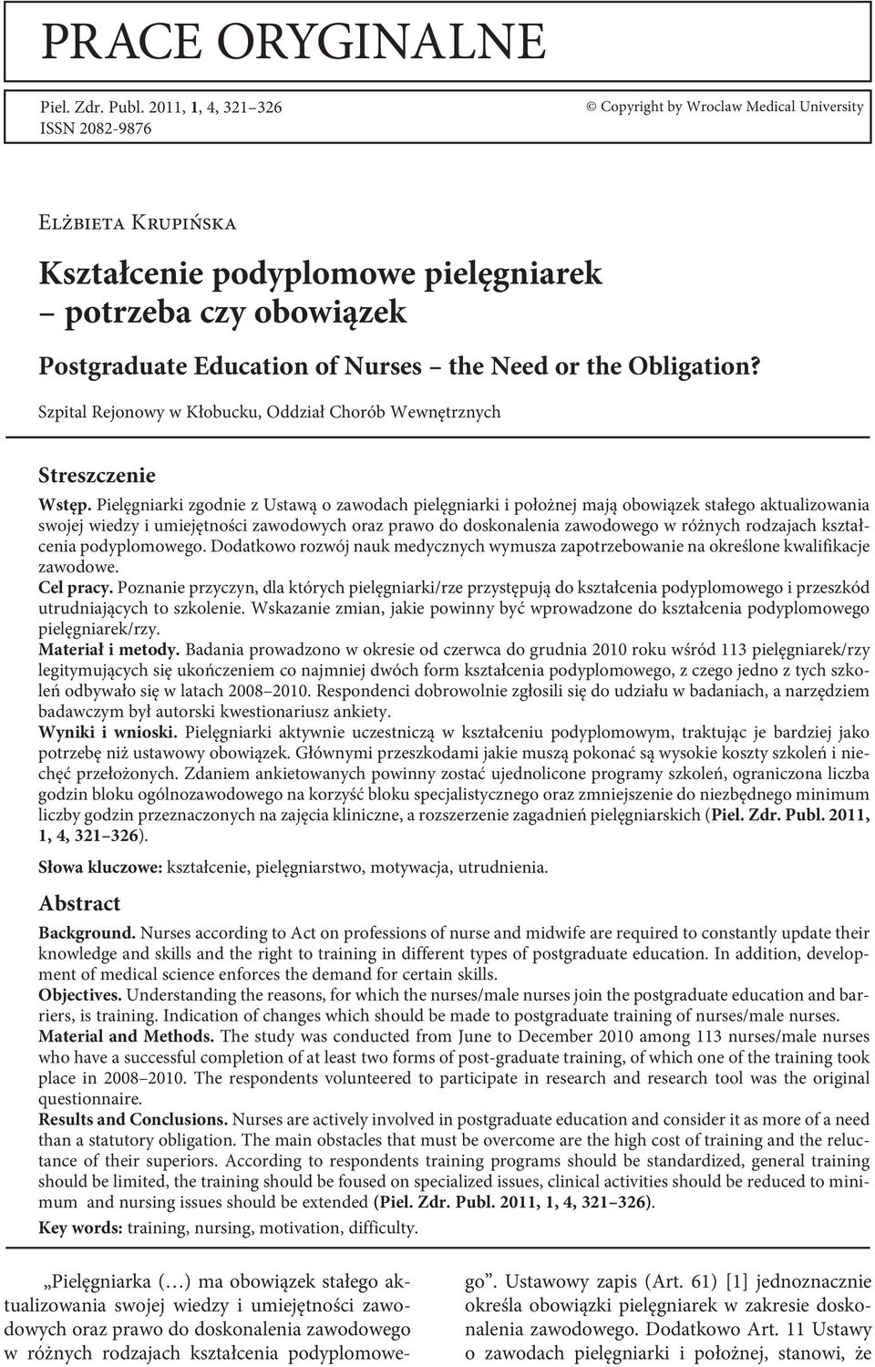 the Obligation? Szpital Rejonowy w Kłobucku, Oddział Chorób Wewnętrznych Streszczenie Wstęp.