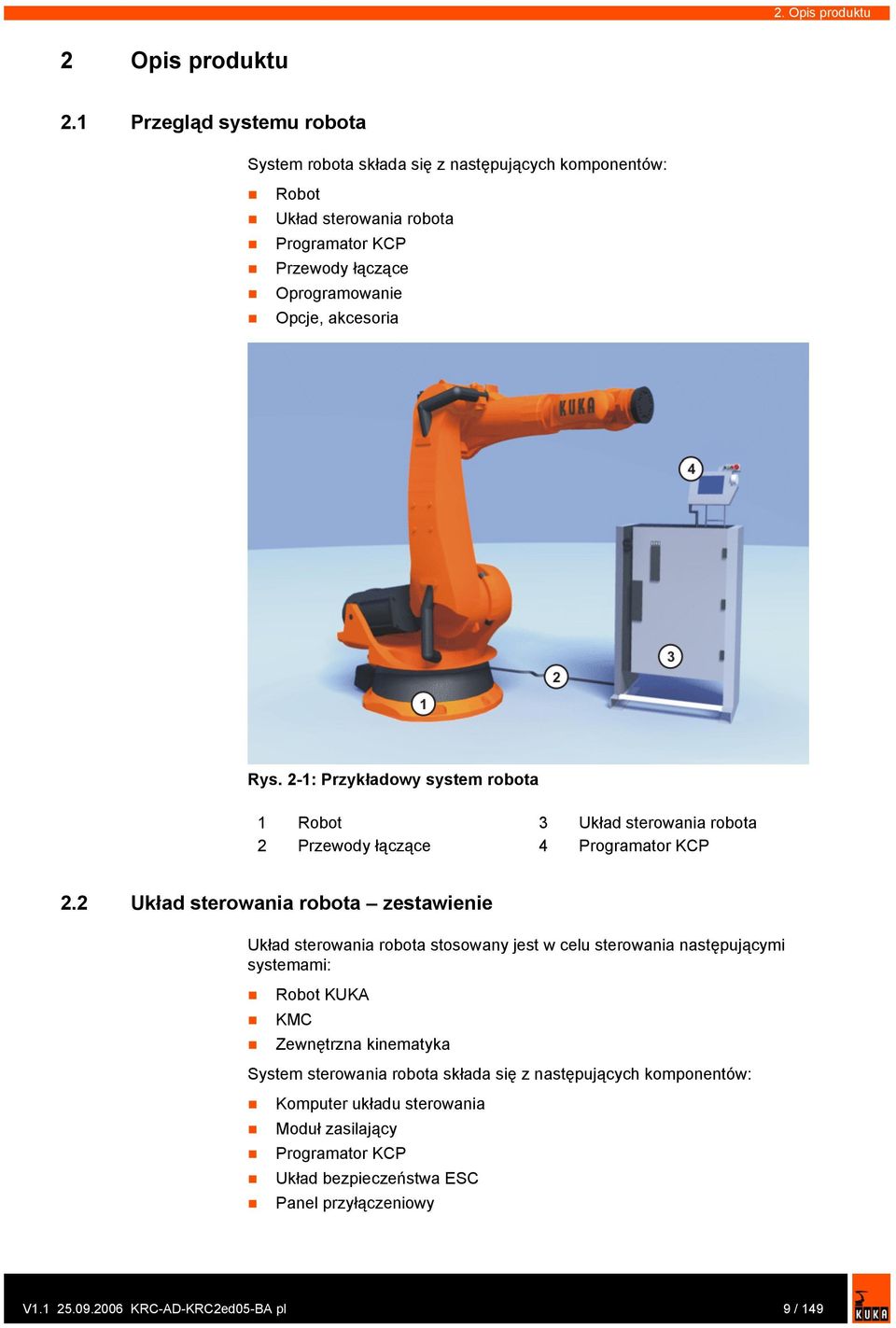 akcesoria Rys. 2-1: Przykładowy system robota 1 Robot 3 Układ sterowania robota 2 Przewody łączące 4 Programator KCP 2.