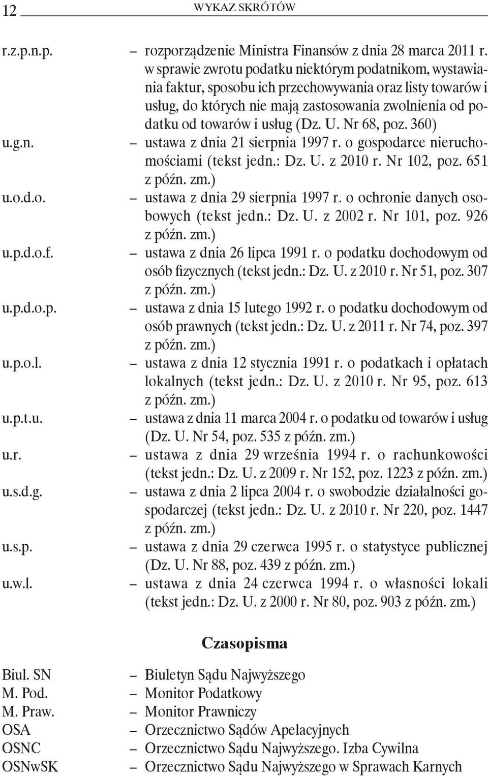 U. Nr 68, poz. 360) u.g.n. ustawa z dnia 21 sierpnia 1997 r. o gospodarce nieruchomościami (tekst jedn.: Dz. U. z 2010 r. Nr 102, poz. 651 z późn. zm.) u.o.d.o. ustawa z dnia 29 sierpnia 1997 r.