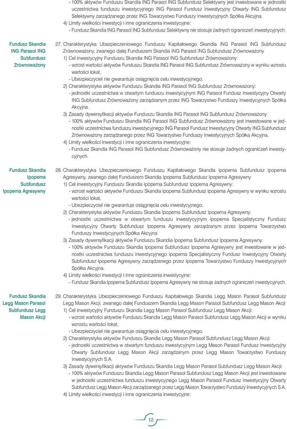 ING Parasol ING Subfundusz Zrównowa ony Ipopema Subfundusz Ipopema Agresywny Legg Mason Parasol Subfundusz Legg Mason Akcji 27.