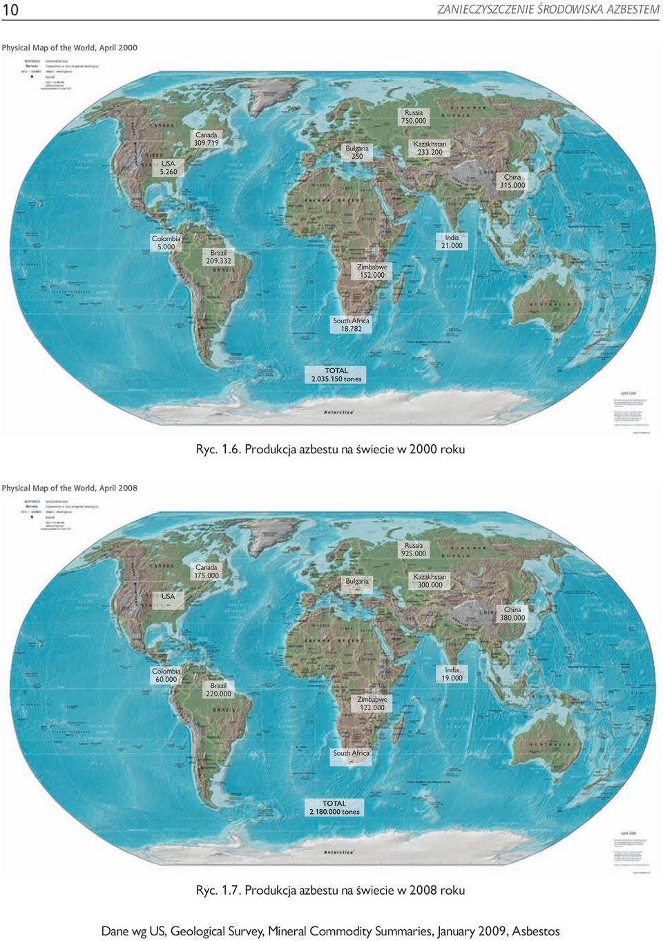 Produkcja azbestu na świecie w 2000 roku Physical Map of the World, April 2008 Russia 925.000 USA Canada 175.000 Bulgaria Kazakhstan 300.000 China 380.