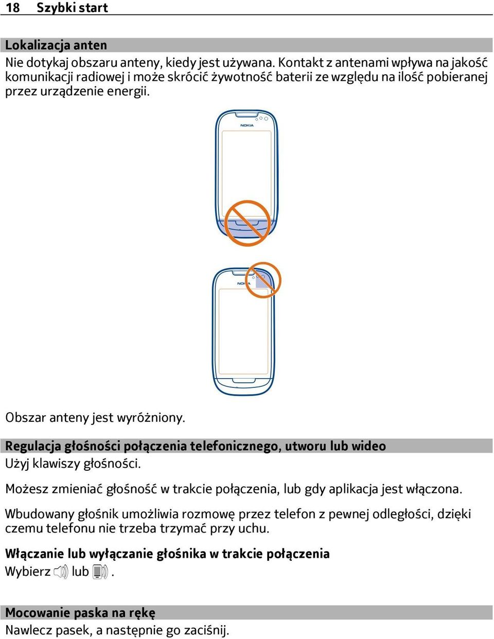 Obszar anteny jest wyróżniony. Regulacja głośności połączenia telefonicznego, utworu lub wideo Użyj klawiszy głośności.