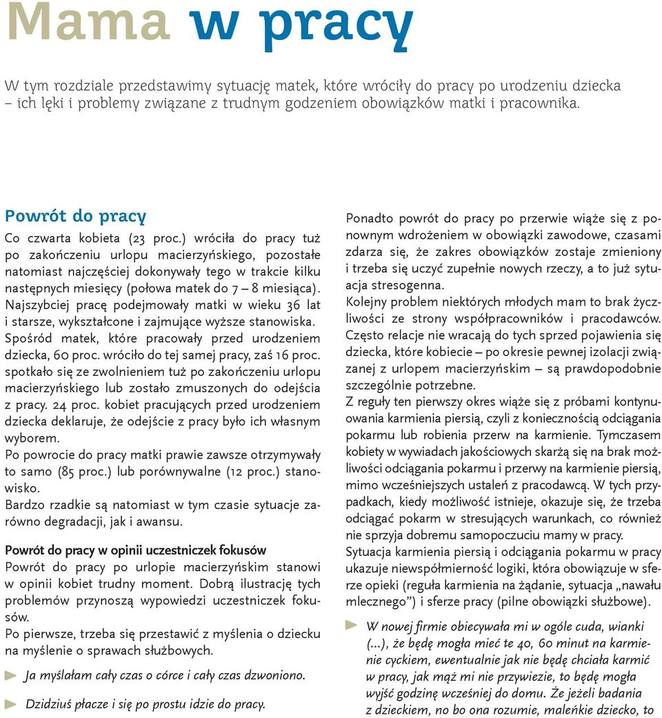 ) wróciła do pracy tuż po zakończeniu urlopu macierzyńskiego, pozostałe natomiast najczęściej dokonywały tego w trakcie kilku następnych miesięcy (połowa matek do 7 8 miesiąca).