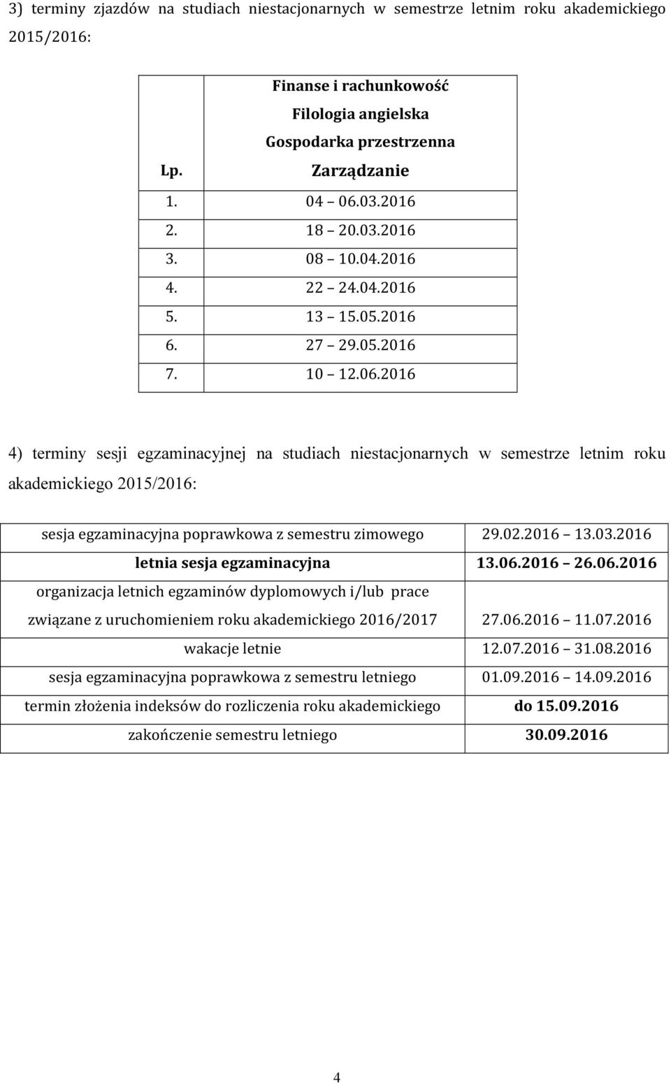 2016 4) terminy sesji egzaminacyjnej na studiach niestacjonarnych w semestrze letnim roku akademickiego sesja egzaminacyjna poprawkowa z semestru zimowego 29.02.2016 13.03.