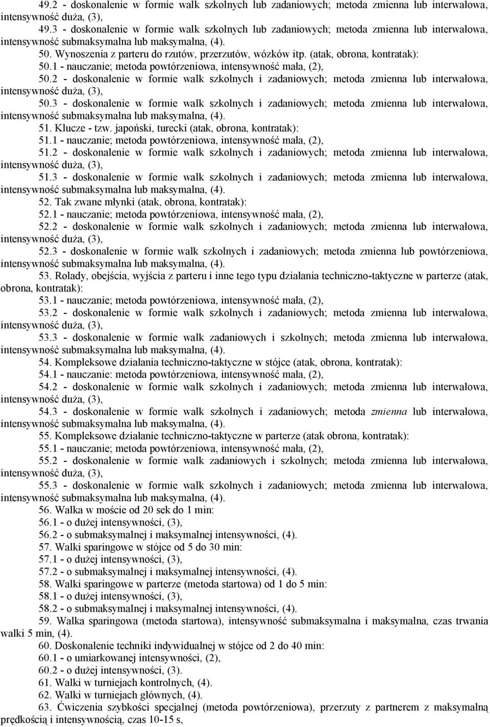 (atak, obrona, kontratak): 50.1 - nauczanie; metoda powtórzeniowa, intensywność mała, (2), 50.2 - doskonalenie w formie walk szkolnych i zadaniowych; metoda zmienna lub interwałowa, 50.