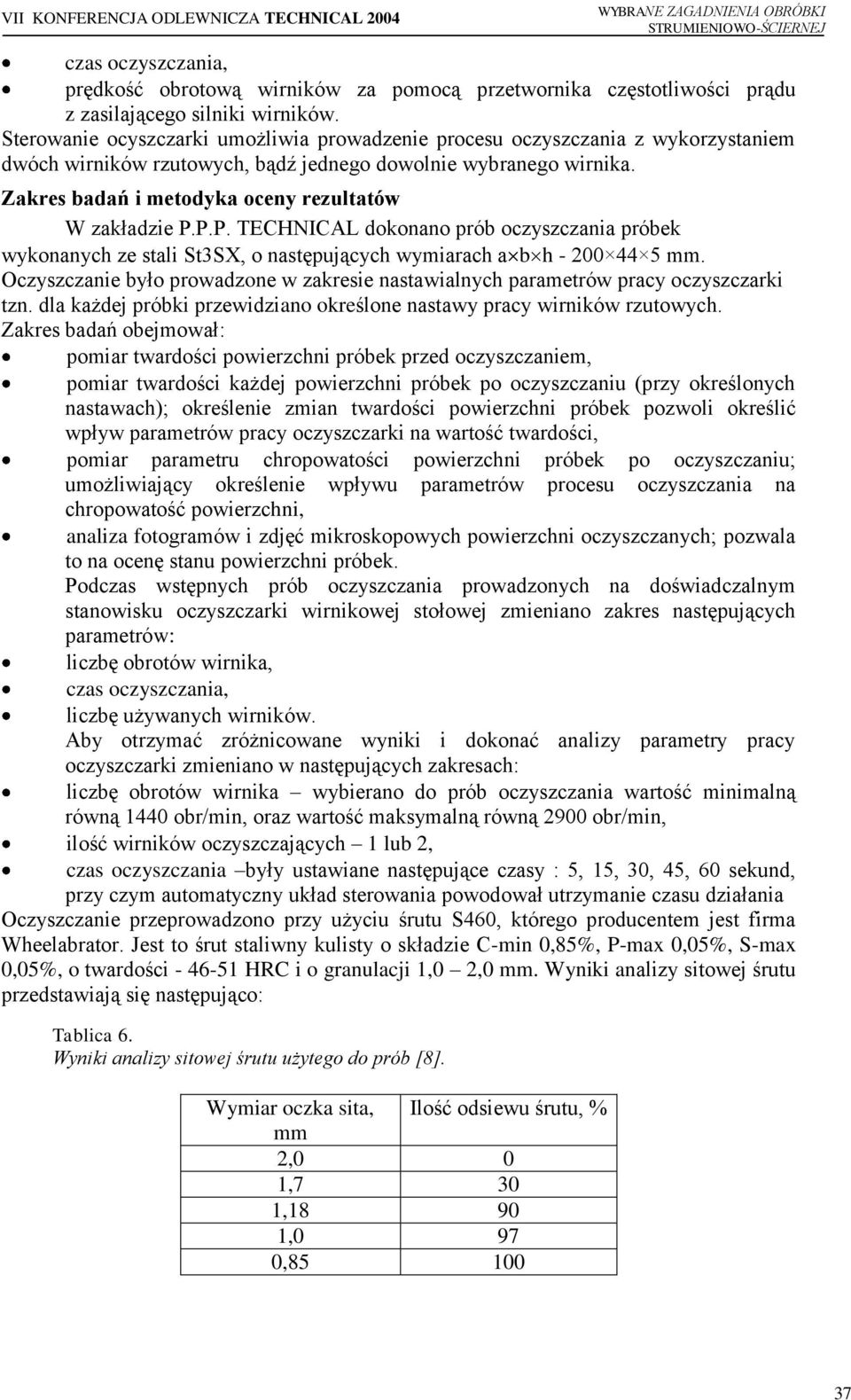 Zakres badań i metodyka oceny rezultatów W zakładzie P.P.P. TECHNICAL dokonano prób oczyszczania próbek wykonanych ze stali St3SX, o następujących wymiarach a b h - 200 44 5 mm.