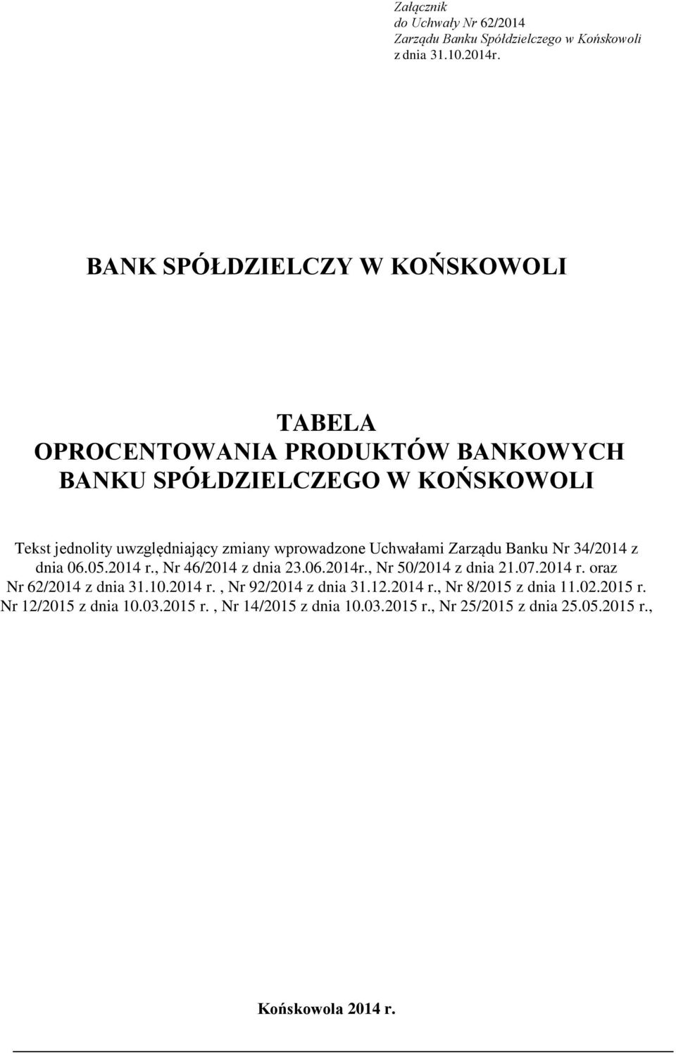 wprowadzone Uchwałami Zarządu Banku Nr 34/2014 z dnia 06.05.2014 r., Nr 46/2014 z dnia 23.06.2014r., Nr 50/2014 z dnia 21.07.2014 r. oraz Nr 62/2014 z dnia 31.