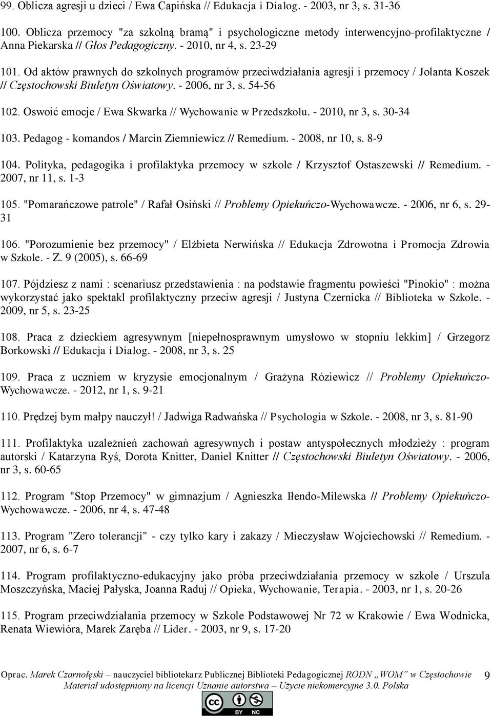 Od aktów prawnych do szkolnych programów przeciwdziałania agresji i przemocy / Jolanta Koszek // Częstochowski Biuletyn Oświatowy. - 2006, nr 3, s. 54-56 102.