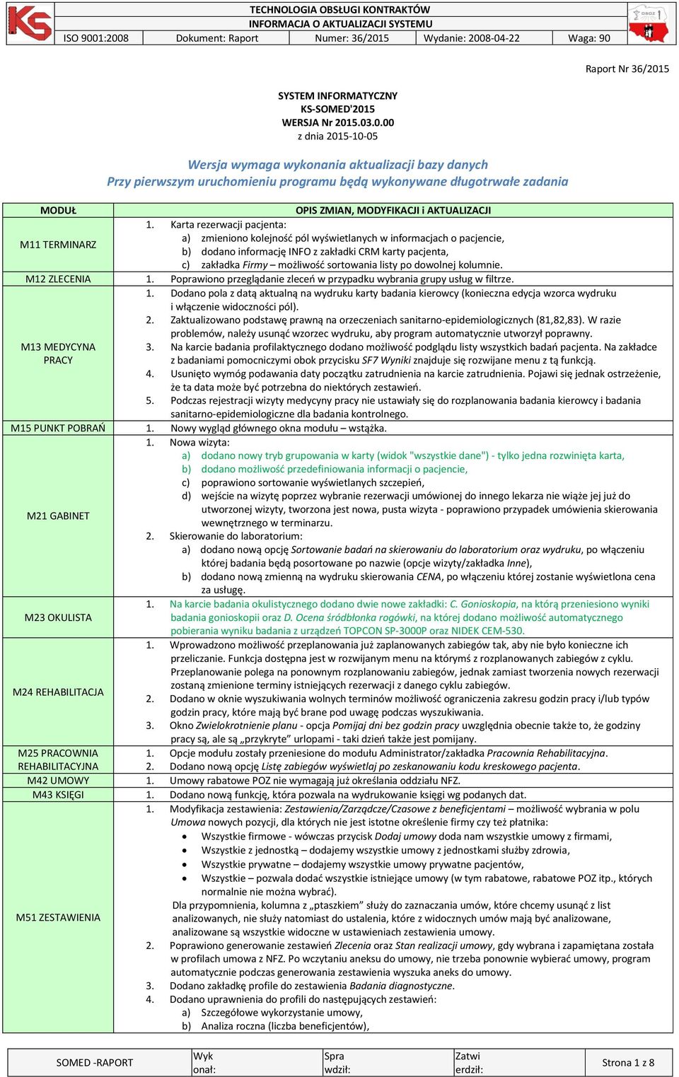 5.03.0.00 z dnia 2015-10-05 Wersja wymaga wykonania aktualizacji bazy danych Przy pierwszym uruchomieniu programu będą wykonywane długotrwałe zadania MODUŁ OPIS ZMIAN, MODYFIKACJI i AKTUALIZACJI 1.