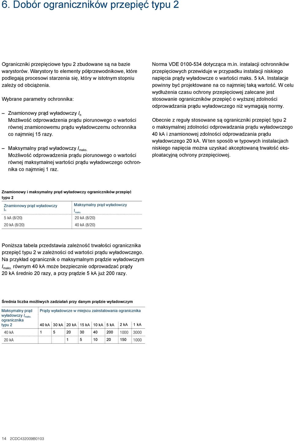 Wybrane parametry ochronnika: Znamionowy prąd wyładowczy I n Możliwość odprowadzenia prądu piorunowego o wartości równej znamionowemu prądu wyładowczemu ochronnika co najmniej 15 razy.