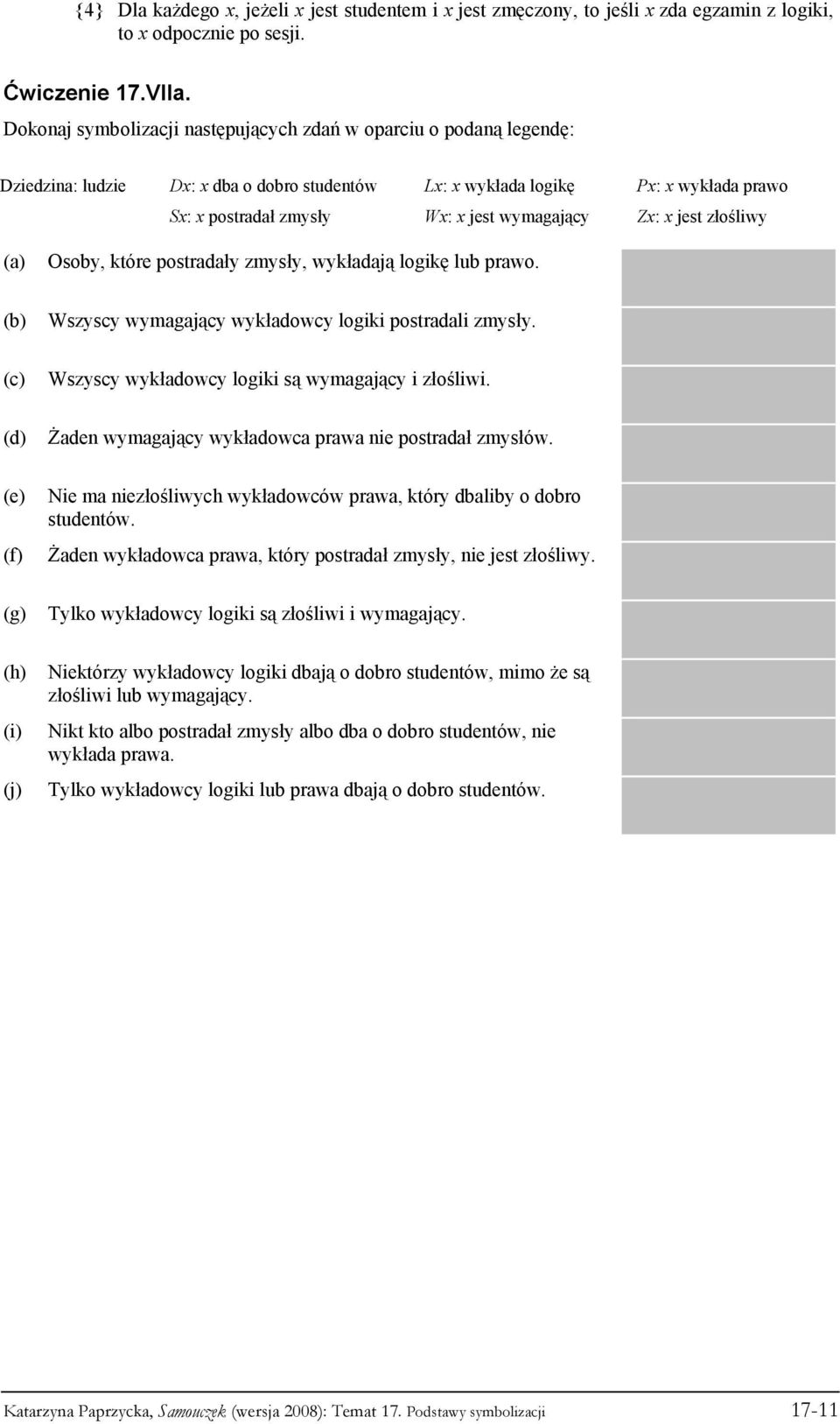 Zx: x jest złośliwy Osoby, które postradały zmysły, wykładają logikę lub prawo. (j) Wszyscy wymagający wykładowcy logiki postradali zmysły. Wszyscy wykładowcy logiki są wymagający i złośliwi.