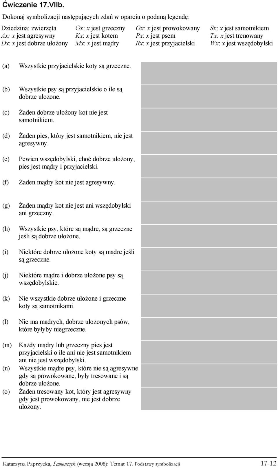 jest prowokowany Px: x jest psem Rx: x jest przyjacielski Sx: x jest samotnikiem Tx: x jest trenowany Wx: x jest wszędobylski Wszystkie przyjacielskie koty są grzeczne.