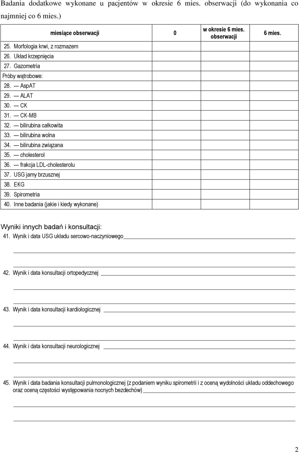 USG jamy brzusznej 38. EKG 39. Spirometria 40. Inne badania (jakie i kiedy wykonane) w okresie 6 mies. obserwacji 6 mies. Wyniki innych badań i konsultacji: 41.