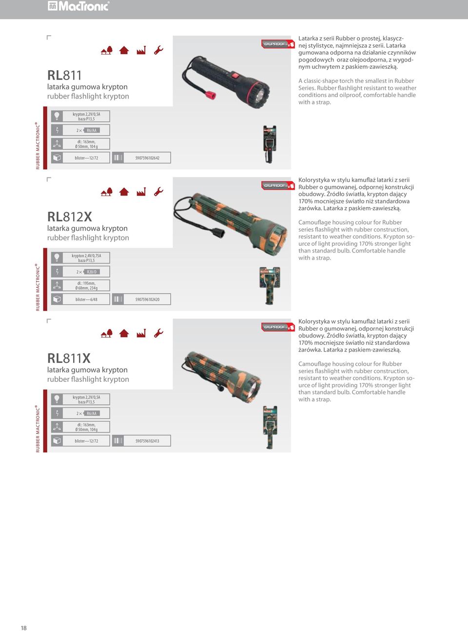 Rubber flashlight resistant to weather conditions and oilproof, comfortable handle with a strap. krypton 2,2V/0,5A r u b b e r m a c t r o n i c 2 R6/AA dł.