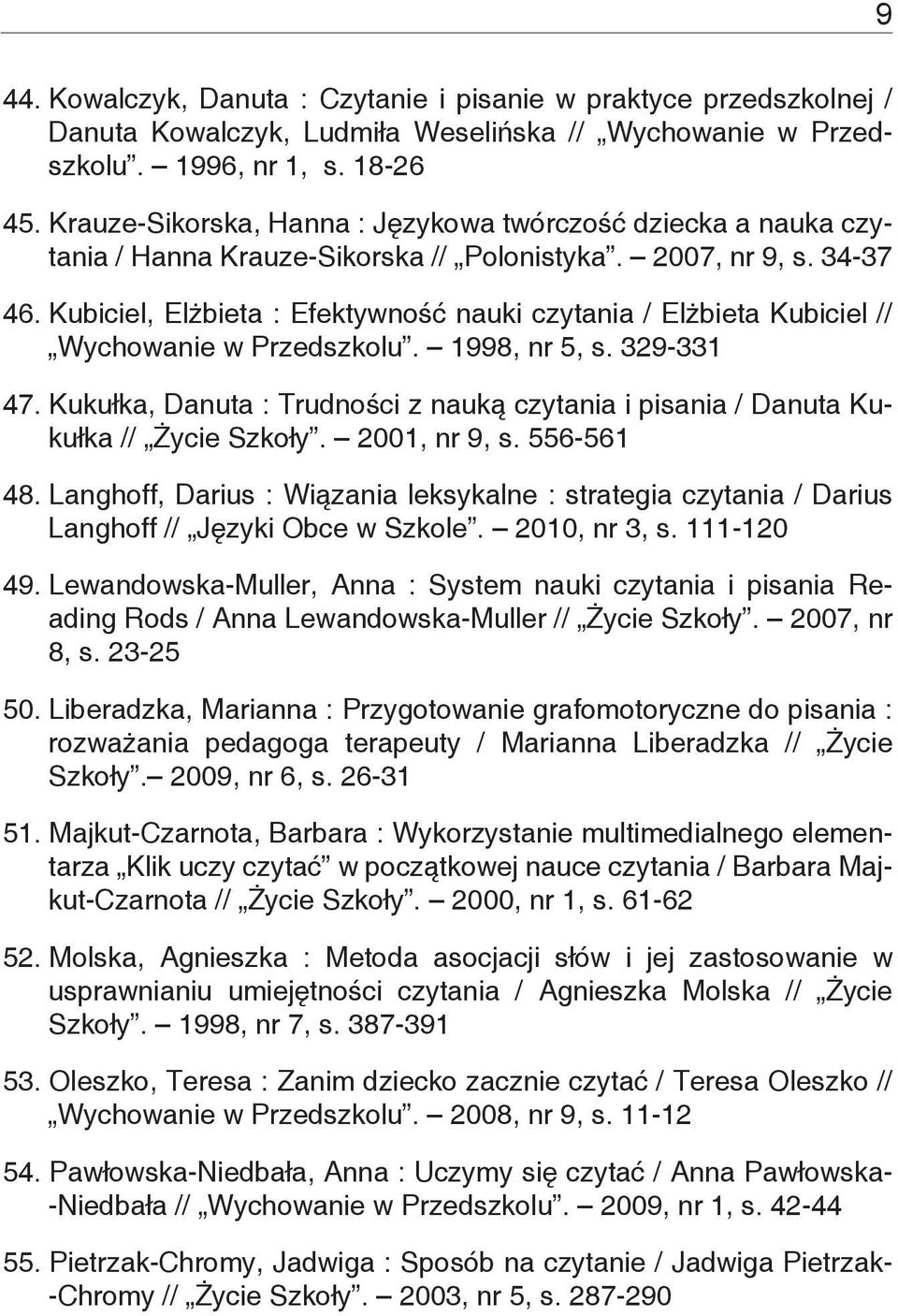 Kubiciel, Elżbieta : Efektywność nauki czytania / Elżbieta Kubiciel // Wychowanie w Przedszkolu. 1998, nr 5, s. 329-331 47.