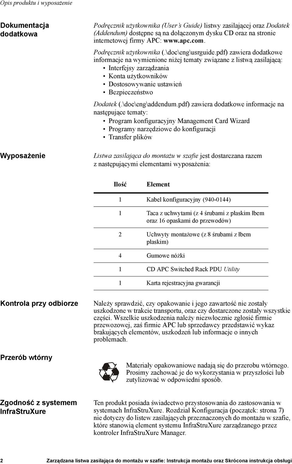 pdf) zawiera dodatkowe informacje na wymienione niżej tematy związane z listwą zasilającą: Interfejsy zarządzania Konta użytkowników Dostosowywanie ustawień Bezpieczeństwo Dodatek (.\doc\eng\addendum.
