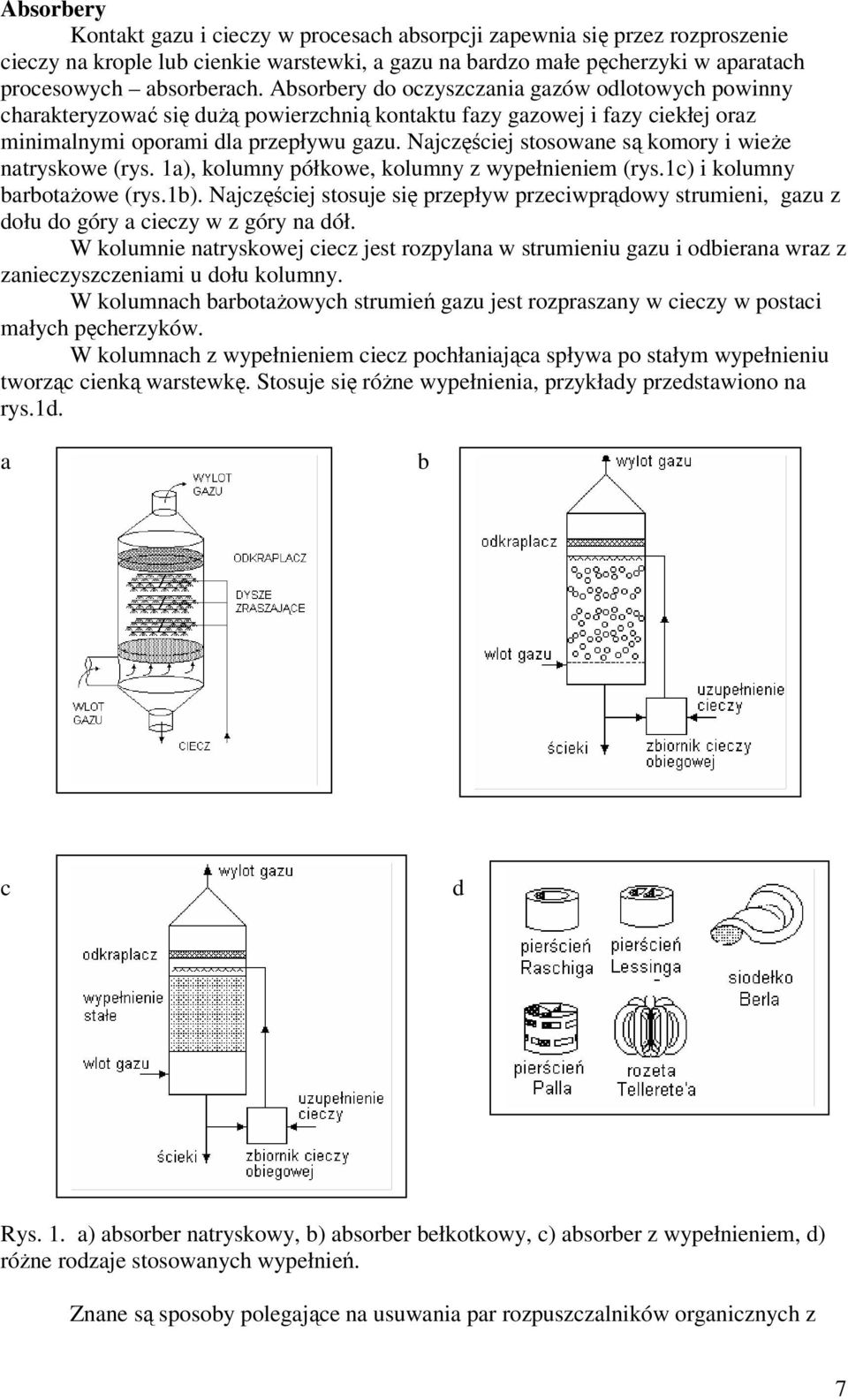 Najczęściej stosowane są komory i wieże natryskowe (rys. 1a), kolumny półkowe, kolumny z wypełnieniem (rys.1c) i kolumny barbotażowe (rys.1b).