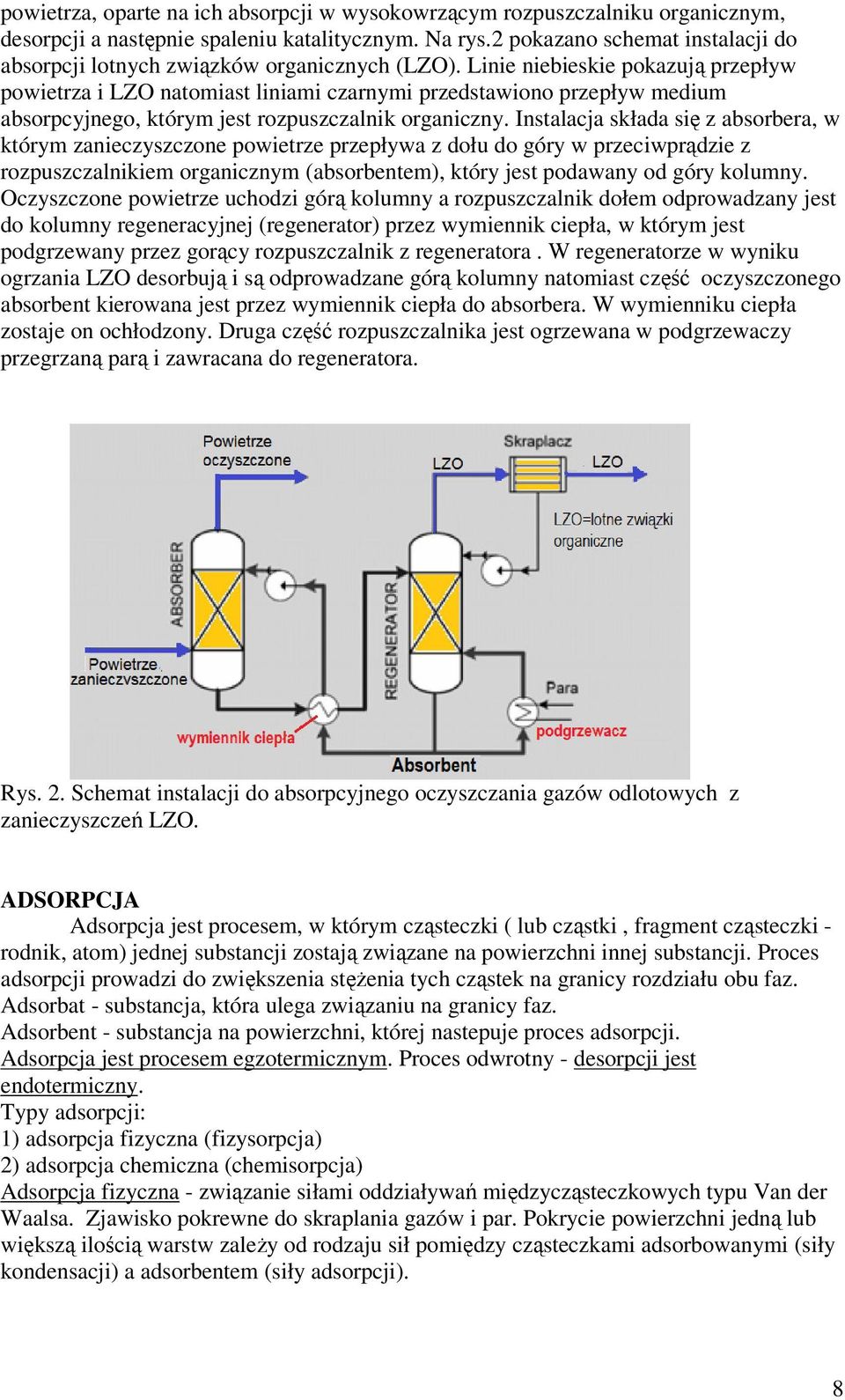 Linie niebieskie pokazują przepływ powietrza i LZO natomiast liniami czarnymi przedstawiono przepływ medium absorpcyjnego, którym jest rozpuszczalnik organiczny.