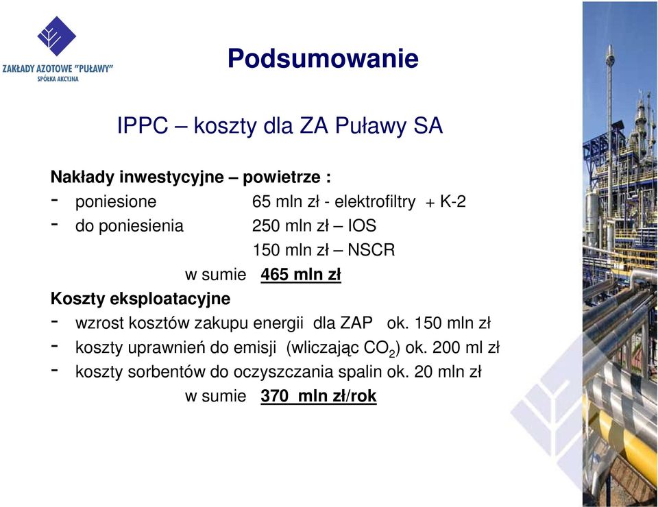 eksploatacyjne - wzrost kosztów zakupu energii dla ZAP ok.