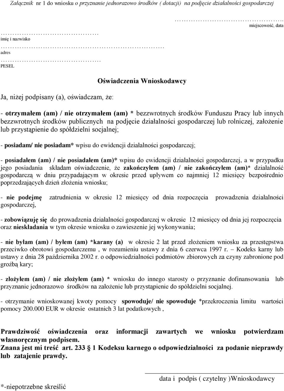 publicznych na podjęcie działalności gospodarczej lub rolniczej, założenie lub przystąpienie do spółdzielni socjalnej; - posiadam/ nie posiadam* wpisu do ewidencji działalności gospodarczej; -