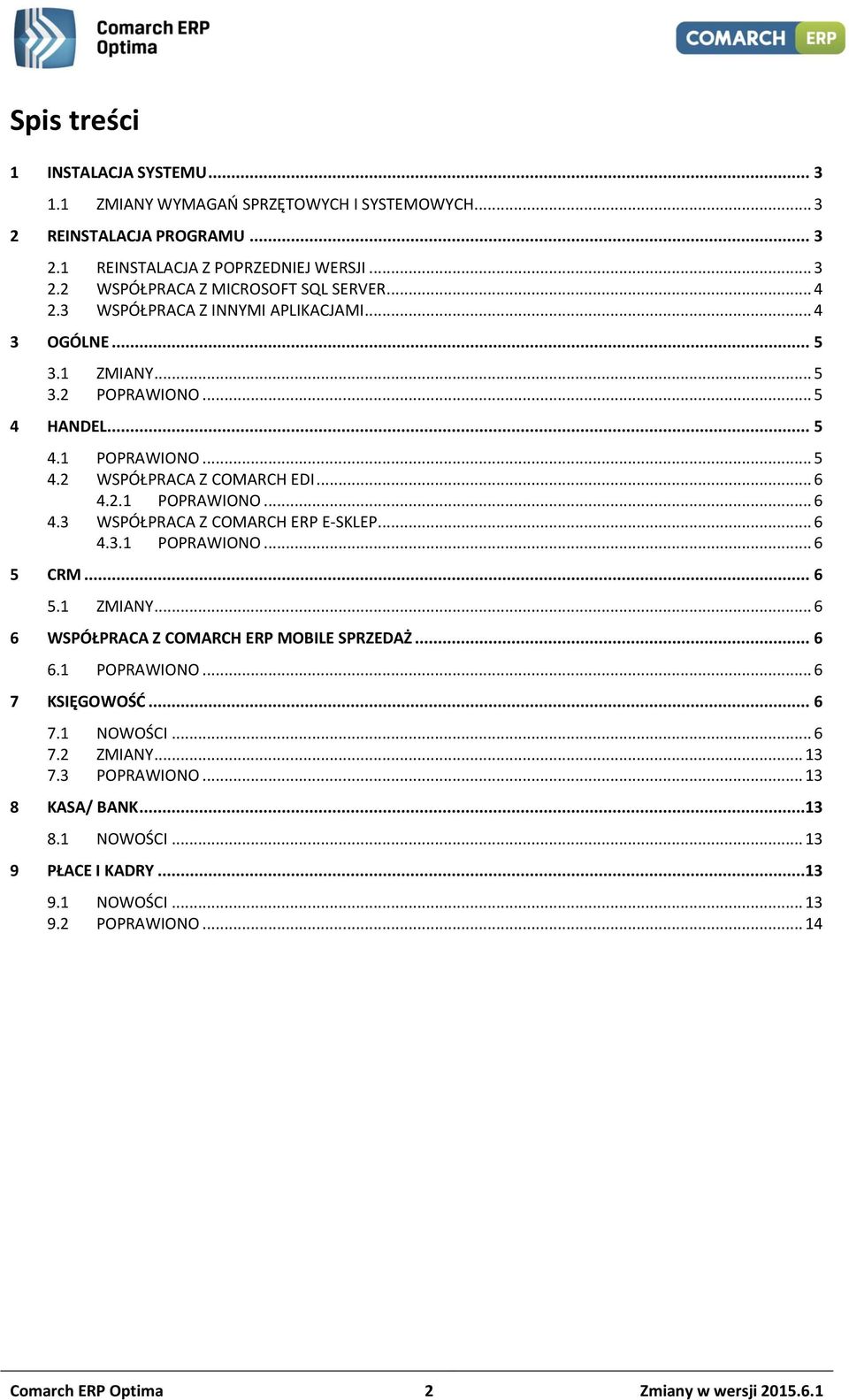 2.1 POPRAWIONO... 6 4.3 WSPÓŁPRACA Z COMARCH ERP E-SKLEP... 6 4.3.1 POPRAWIONO... 6 5 CRM... 6 5.1 ZMIANY... 6 6 WSPÓŁPRACA Z COMARCH ERP MOBILE SPRZEDAŻ... 6 6.1 POPRAWIONO... 6 7 KSIĘGOWOŚĆ.