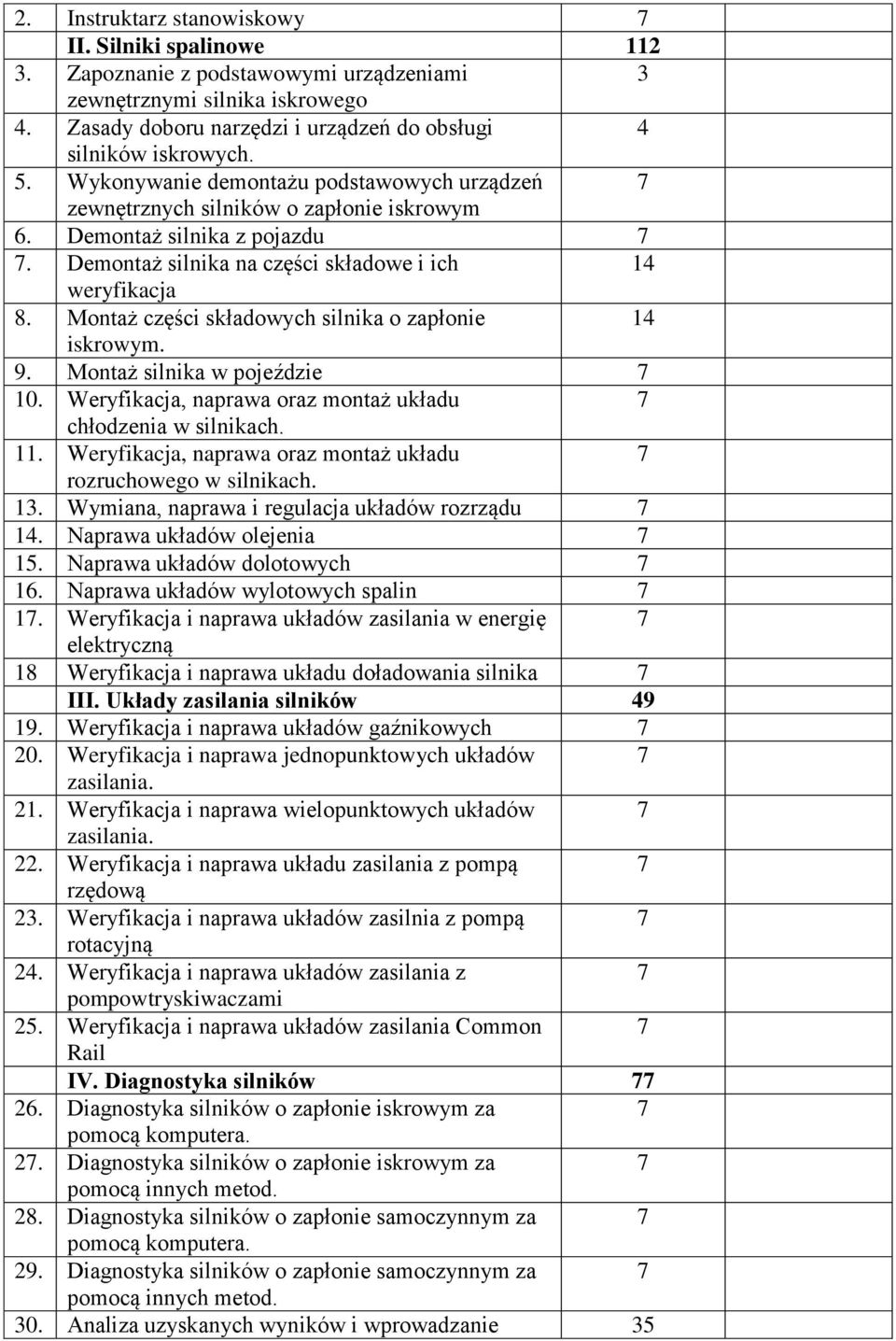 Montaż części składowych silnika o zapłonie 14 iskrowym. 9. Montaż silnika w pojeździe 7 10. Weryfikacja, naprawa oraz montaż układu 7 chłodzenia w silnikach. 11.