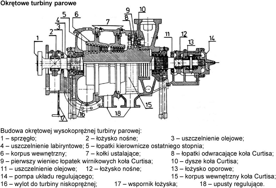 Curtisa; 9 pierwszy wieniec łopatek wirnikowych koła Curtisa; 10 dysze koła Curtisa; 11 uszczelnienie olejowe; 12 łożysko nośne; 13