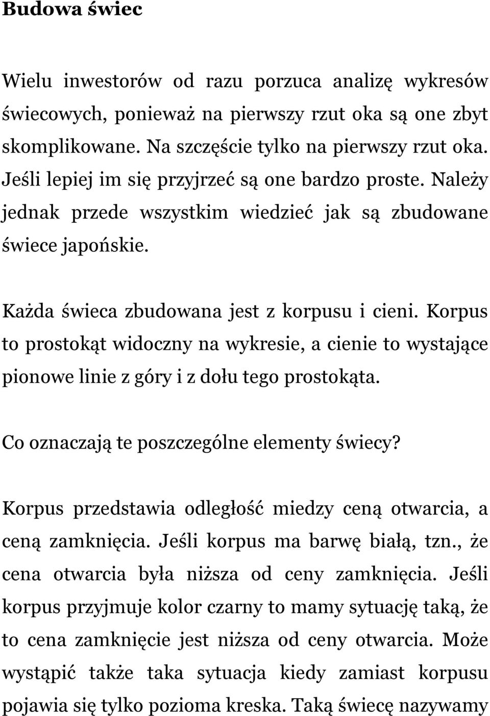 Korpus to prostokąt widoczny na wykresie, a cienie to wystające pionowe linie z góry i z dołu tego prostokąta. Co oznaczają te poszczególne elementy świecy?