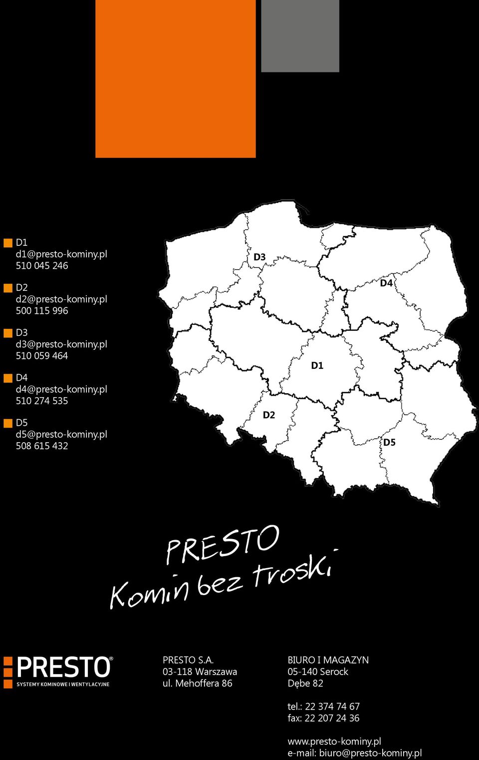 pl 508 615 432 D2 D1 D5 D5 PRESTO Komin bez troski PRESTO S.A. 03-118 Warszawa ul.