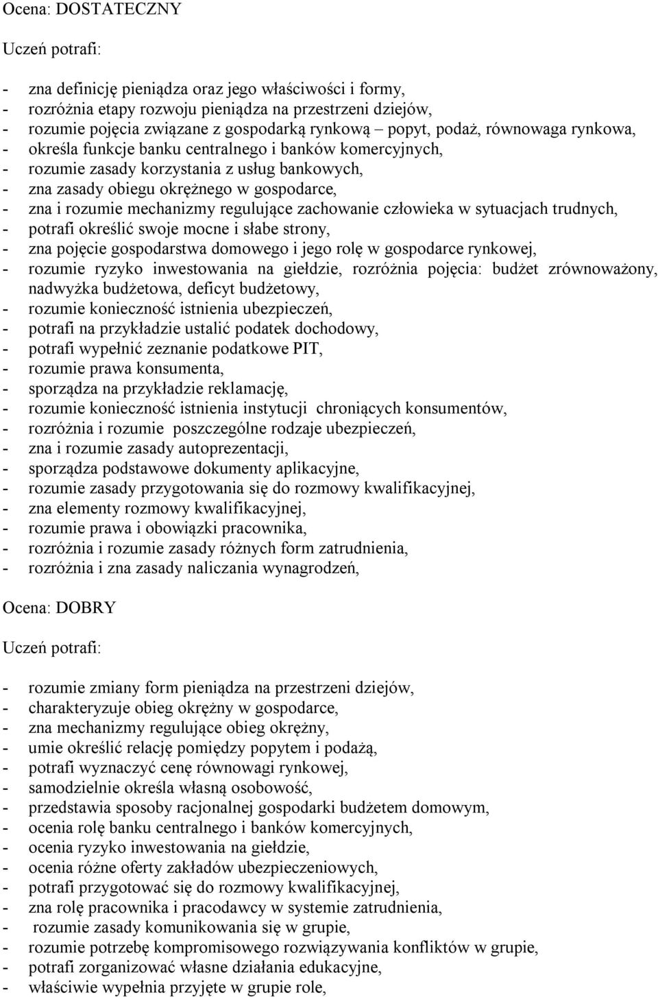 regulujące zachowanie człowieka w sytuacjach trudnych, - potrafi określić swoje mocne i słabe strony, - zna pojęcie gospodarstwa domowego i jego rolę w gospodarce rynkowej, - rozumie ryzyko