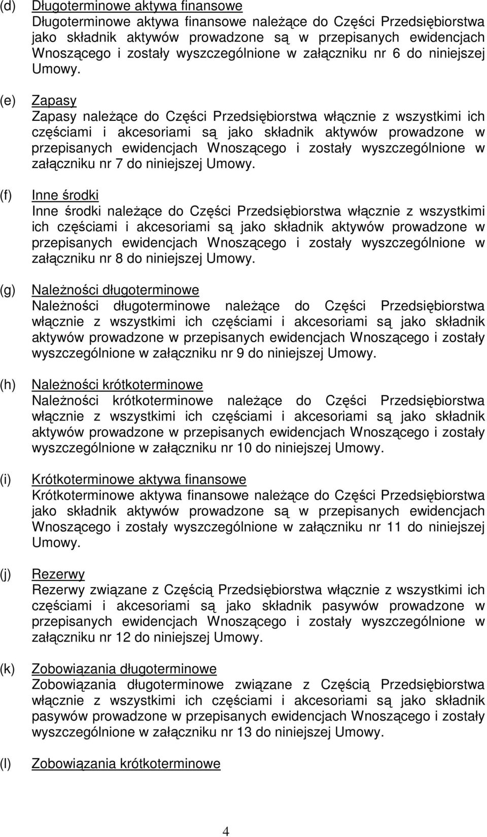 Zapasy Zapasy należące do Części Przedsiębiorstwa włącznie z wszystkimi ich częściami i akcesoriami są jako składnik aktywów prowadzone w przepisanych ewidencjach Wnoszącego i zostały wyszczególnione