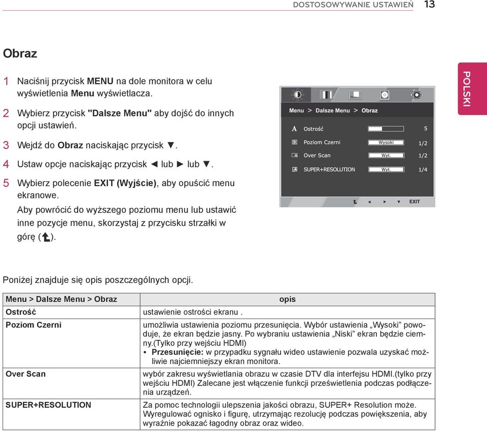 Aby powrócić do wyższego poziomu menu lub ustawić inne pozycje menu, skorzystaj z przycisku strzałki w górę ( ). Poniżej znajduje się opis poszczególnych opcji.