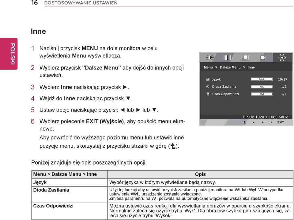 Aby powrócić do wyższego poziomu menu lub ustawić inne pozycje menu, skorzystaj z przycisku strzałki w górę ( ). Poniżej znajduje się opis poszczególnych opcji.