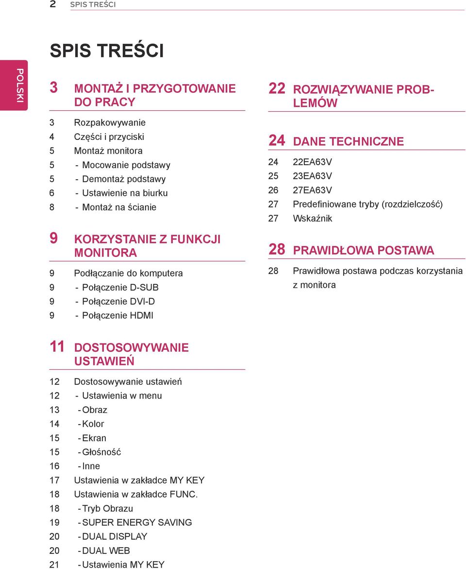 23EA63V 26 27EA63V 27 Predefiniowane tryby (rozdzielczość) 27 Wskaźnik 28 PRAWIDŁOWA POSTAWA 28 Prawidłowa postawa podczas korzystania z monitora 11 DOSTOSOWYWANIE USTAWIEŃ 12 Dostosowywanie ustawień