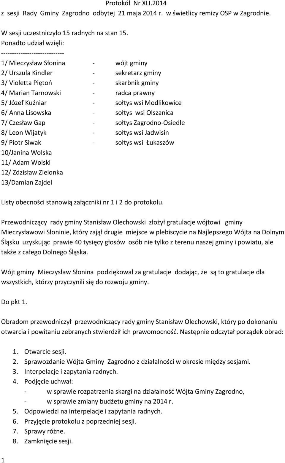 Józef Kuźniar - sołtys wsi Modlikowice 6/ Anna Lisowska - sołtys wsi Olszanica 7/ Czesław Gap - sołtys Zagrodno-Osiedle 8/ Leon Wijatyk - sołtys wsi Jadwisin 9/ Piotr Siwak - sołtys wsi Łukaszów