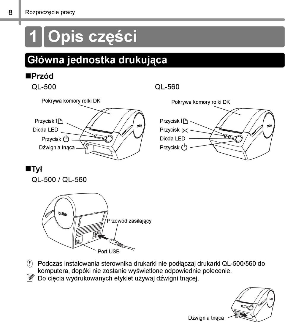 QL-560 Przewód zasilający Port USB Podczas instalowania sterownika drukarki nie podłączaj drukarki QL-500/560 do