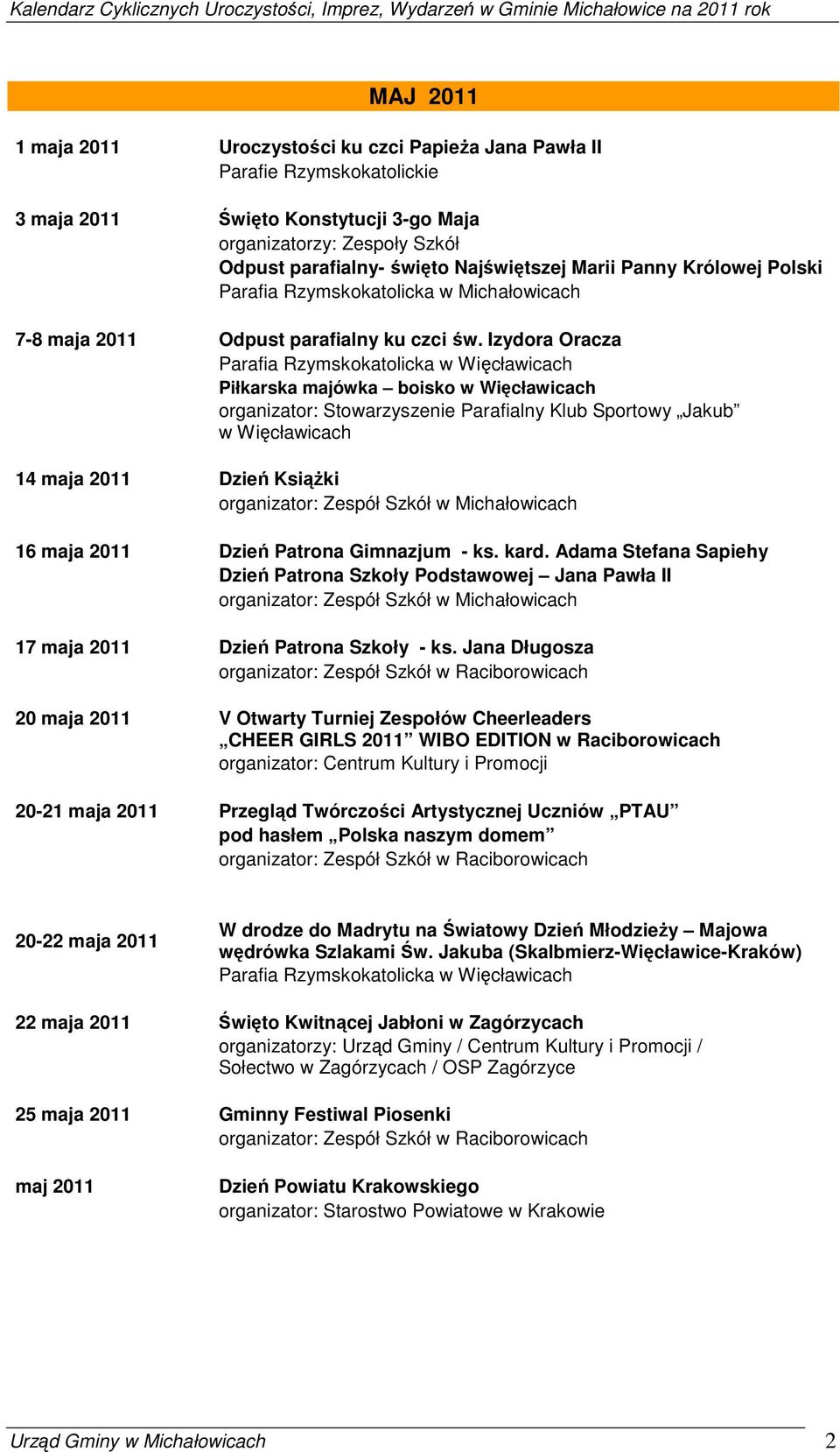 Izydora Oracza Piłkarska majówka boisko w Więcławicach organizator: Stowarzyszenie Parafialny Klub Sportowy Jakub w Więcławicach 14 maja 2011 Dzień Książki organizator: Zespół Szkół w Michałowicach