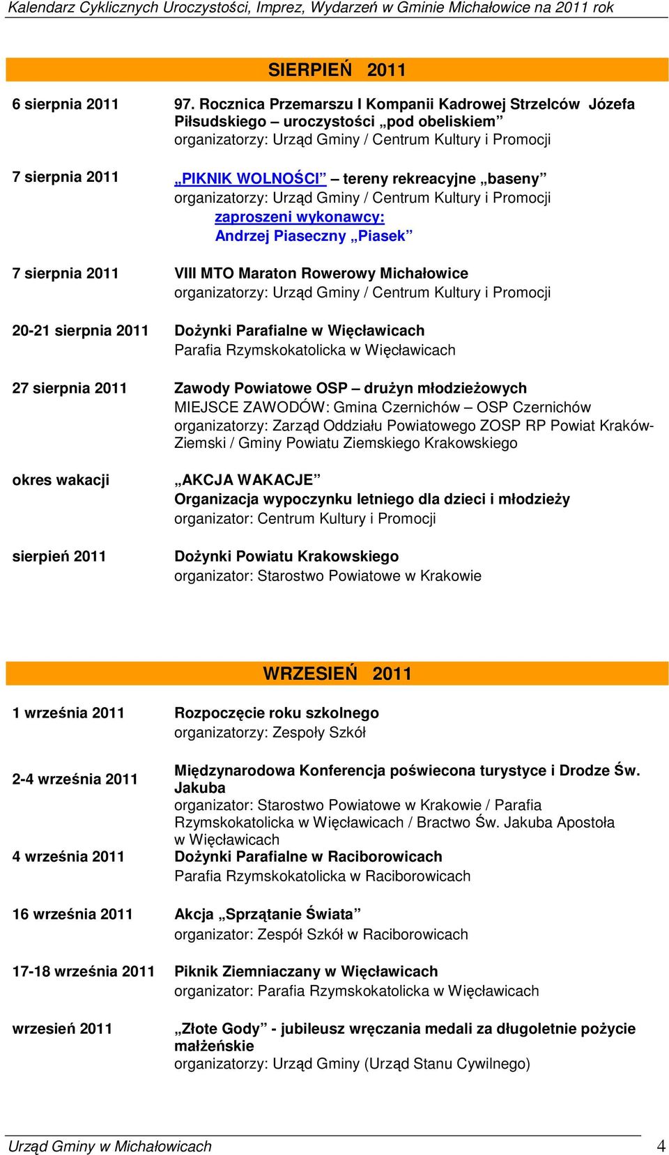 Piasek 7 sierpnia 2011 VIII MTO Maraton Rowerowy Michałowice 20-21 sierpnia 2011 Dożynki Parafialne w Więcławicach 27 sierpnia 2011 Zawody Powiatowe OSP drużyn młodzieżowych MIEJSCE ZAWODÓW: Gmina