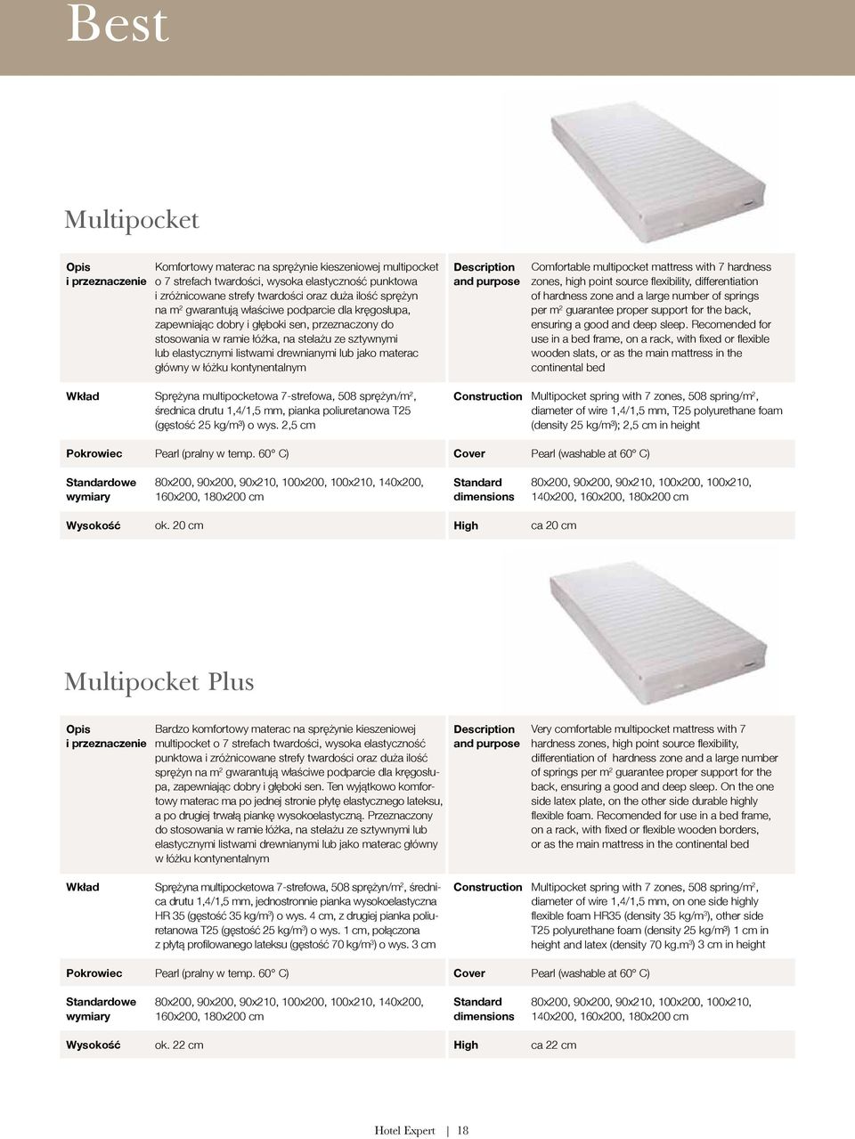 główny w łóżku kontynentalnym Comfortable multipocket mattress with 7 hardness zones, high point source flexibility, differentiation of hardness zone and a large number of springs per m 2 guarantee