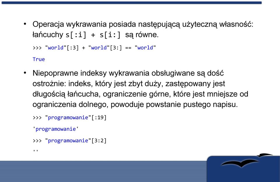 indeks, który jest zbyt duży, zastępowany jest długością łańcucha, ograniczenie górne, które jest mniejsze