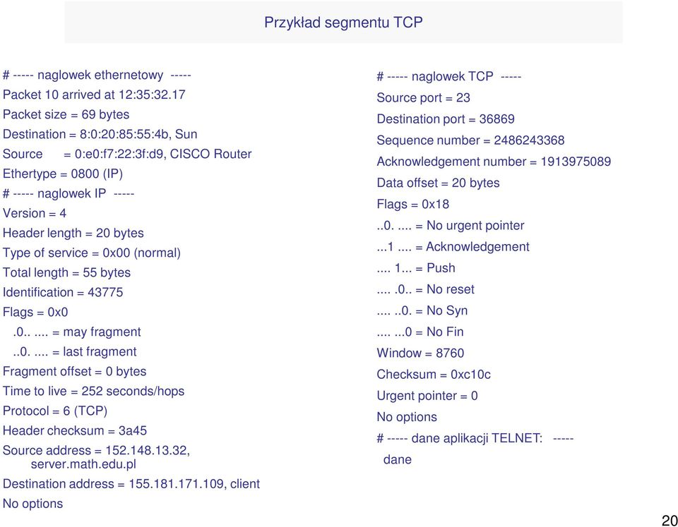 service = 0x00 (normal) Total length = 55 bytes Identification = 43775 Flags = 0x0.0..... = may fragment..0.... = last fragment Fragment offset = 0 bytes Time to live = 252 seconds/hops Protocol = 6 (TCP) Header checksum = 3a45 Source address = 152.