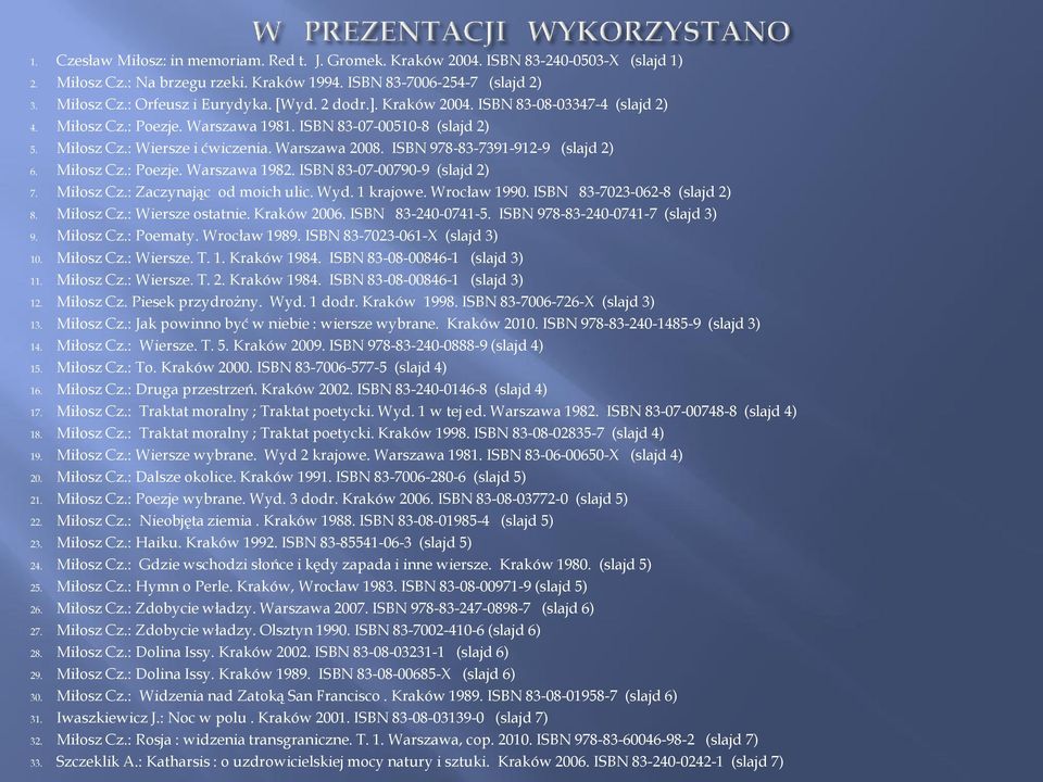 ISBN 978-83-7391-912-9 (slajd 2) 6. Miłosz Cz.: Poezje. Warszawa 1982. ISBN 83-07-00790-9 (slajd 2) 7. Miłosz Cz.: Zaczynając od moich ulic. Wyd. 1 krajowe. Wrocław 1990.