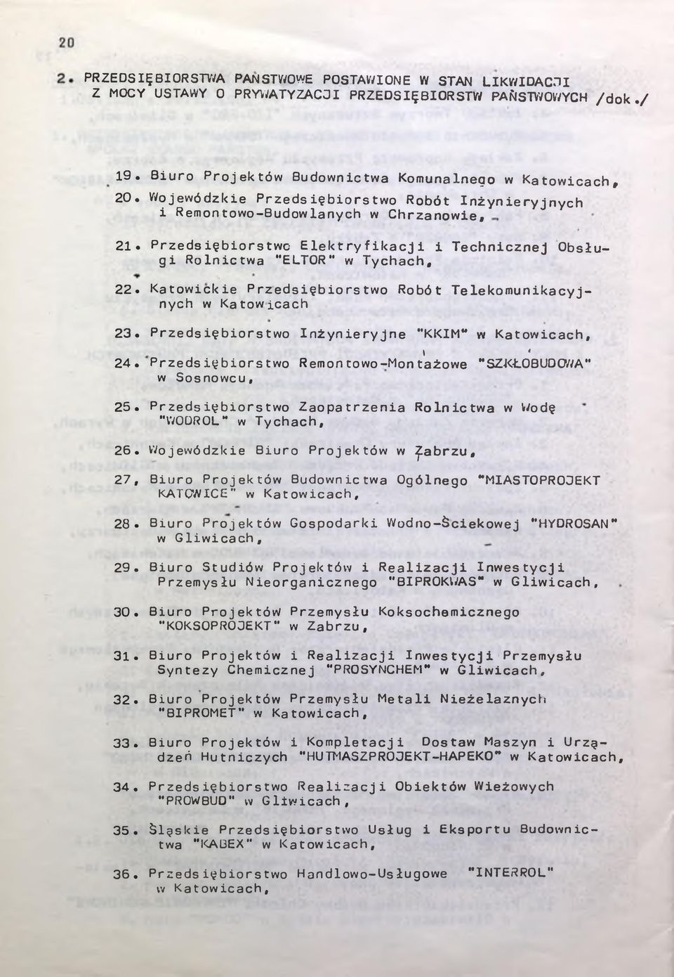 Katowickie Przedsiębiorstwo Robót Telekomunikacyjnych w Katowicach 23. Przedsiębiorstwo Inżynieryjne "KKIM** w Katowicach, i 4 24. Przedsiębiorstwo Remontowo-Montażowe "SZKŁOBUDOWA" w Sosnowcu, 25.