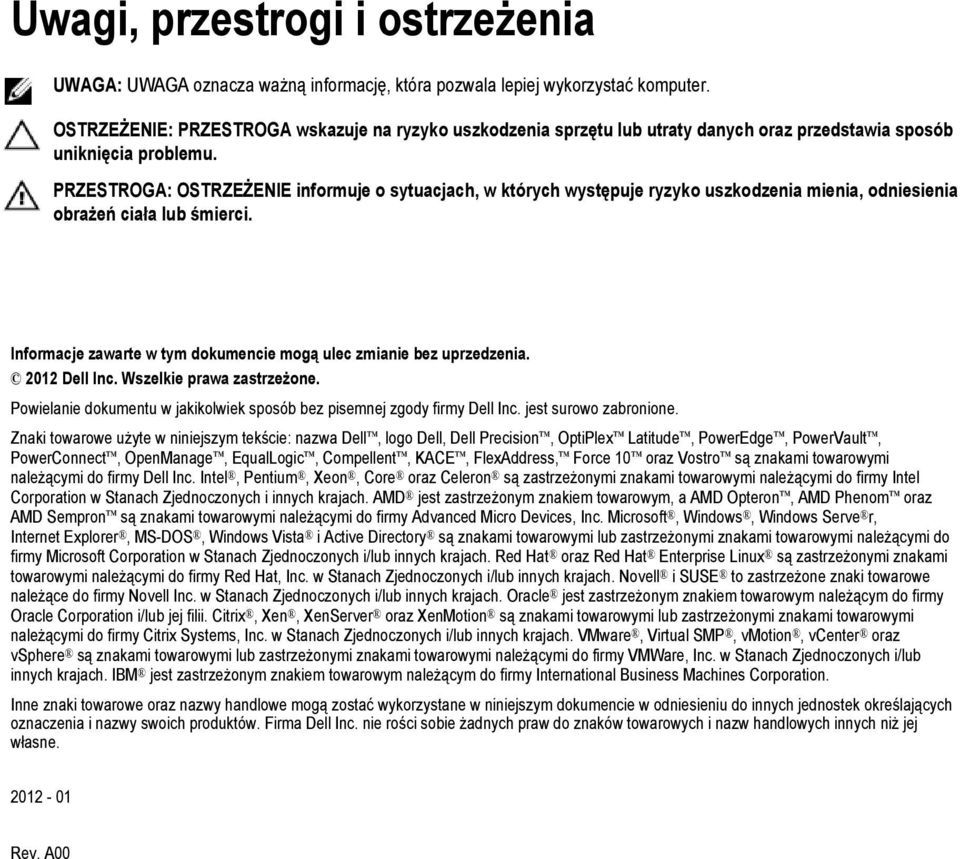 PRZESTROGA: OSTRZEŻENIE informuje o sytuacjach, w których występuje ryzyko uszkodzenia mienia, odniesienia obrażeń ciała lub śmierci.