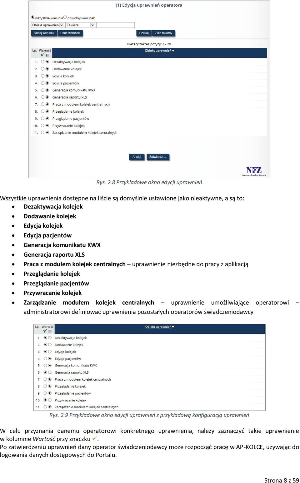 Generacja komunikatu KWX Generacja raportu XLS Praca z modułem kolejek centralnych uprawnienie niezbędne do pracy z aplikacją Przeglądanie kolejek Przeglądanie pacjentów Przywracanie kolejek
