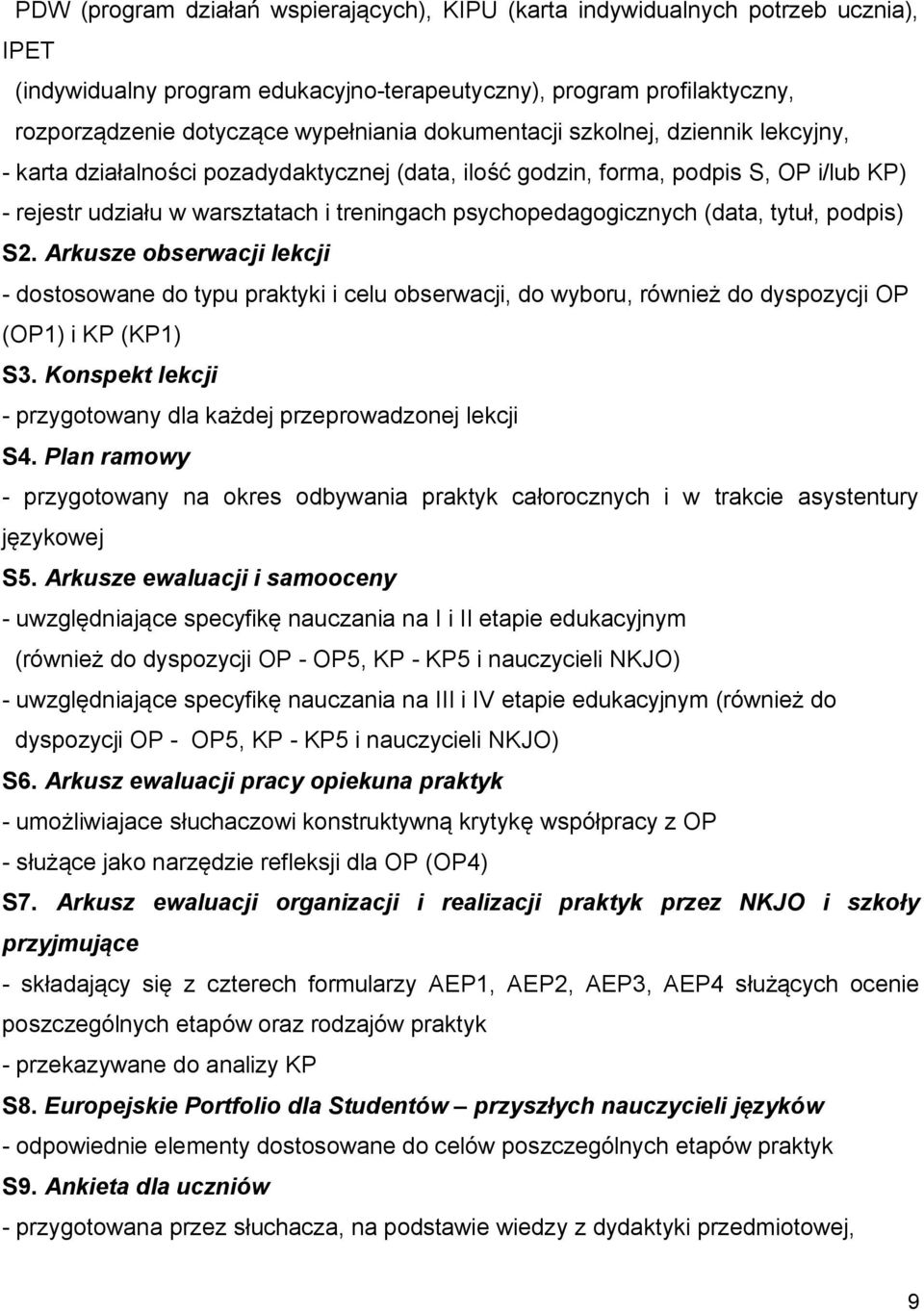 (data, tytuł, podpis) S2. Arkusze obserwacji lekcji - dostosowane do typu praktyki i celu obserwacji, do wyboru, również do dyspozycji OP (OP1) i KP (KP1) S3.