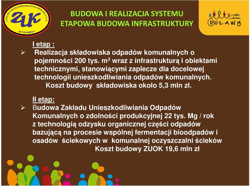 Koszt budowy składowiska około 5,3 mln zł. II etap: Budowa Zakładu Unieszkodliwiania Odpadów Komunalnych o zdolności produkcyjnej 22 tys.