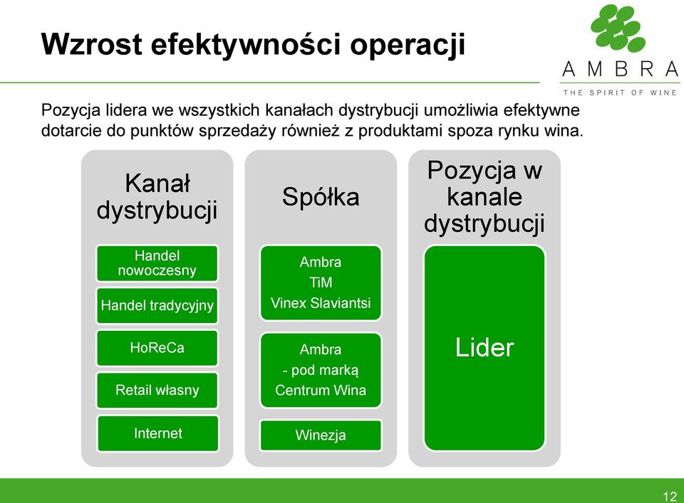 Kanał dystrybucji Handel nowoczesny Handel tradycyjny HoReCa Retail własny Spółka Ambra