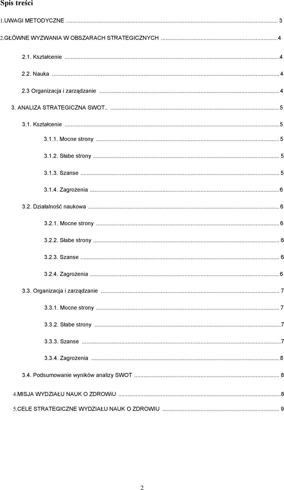 .. 6 3.2.1. Mocne strony... 6 3.2.2. Słabe strony... 6 3.2.3. Szanse... 6 3.2.4. Zagrożenia... 6 3.3. Organizacja i zarządzanie... 7 3.3.1. Mocne strony... 7 3.3.2. Słabe strony... 7 3.3.3. Szanse... 7 3.3.4. Zagrożenia... 8 3.