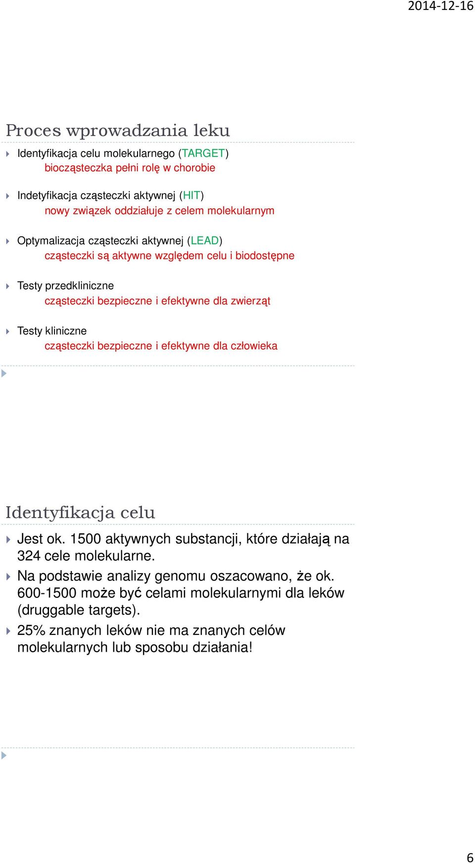 Testy kliniczne cząsteczki bezpieczne i efektywne dla człowieka Identyfikacja celu Jest ok. 1500 aktywnych substancji, które działają na 324 cele molekularne.